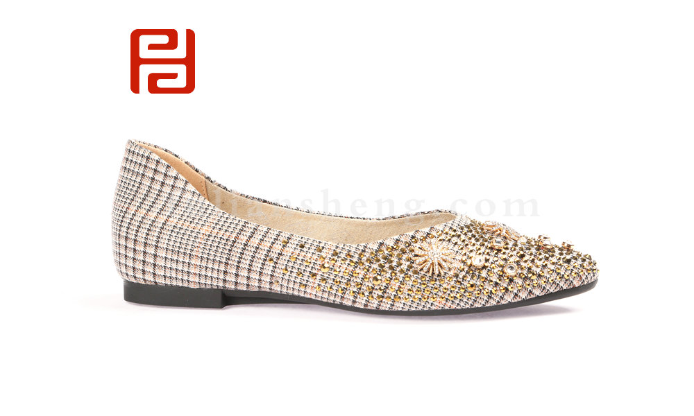 福連升民國風(fēng)格子布單鞋女鑲鉆淺口尖頭鞋平底瓢鞋(圖2)
